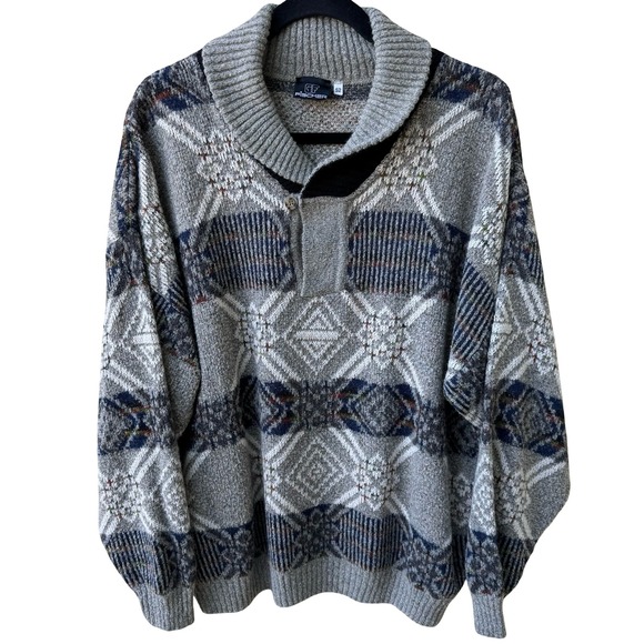 Fischer Other - Fischer Vintage 90s Geometric Shawl Neck Oversized Knit Grandpa Sweater Mens